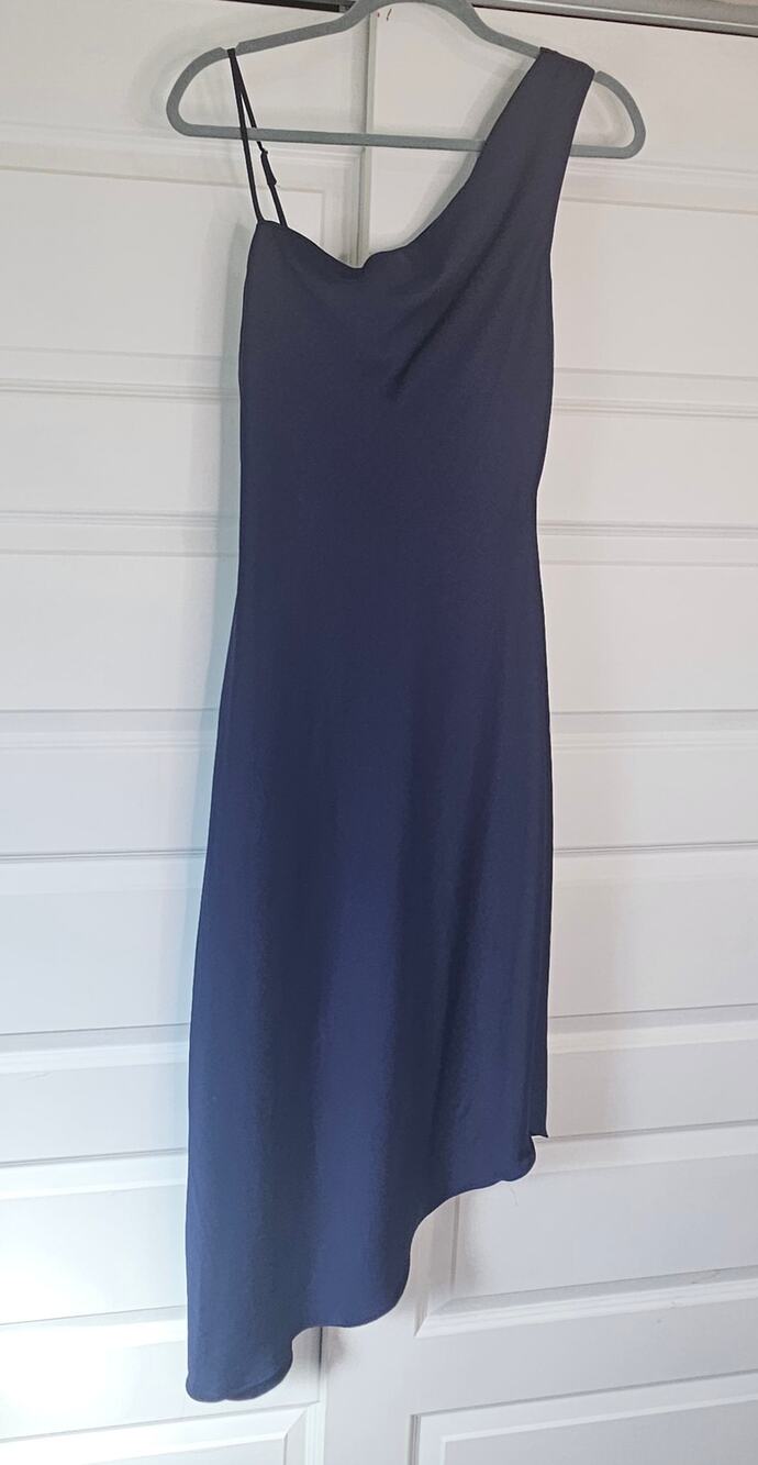One-Shoulder Dark Navy Blue Asymmetrical Midi Dress Satin Cocktail Formal Size M